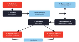 IRS audit representation process flowchart: audit notice received, hire your representative, case review and records gathering, representative contacts the IRS, audit meeting or correspondence, review of findings, then agree and resolve or disagree and appeal, ending in case closed.