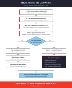 Flowchart showing how unpaid federal taxes lead to a federal tax lien, a public Notice of Federal Tax Lien, and an appeal window, then two paths: pay in full for a lien release and withdrawal, or work with a tax professional on an installment agreement, Offer in Compromise, Currently Not Collectible status, or lien discharge or subordination.