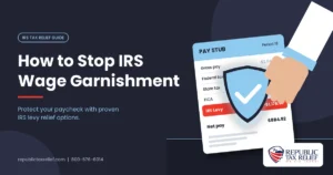 Illustration of a paycheck with an IRS levy deduction being shielded, representing relief from IRS wage garnishment.