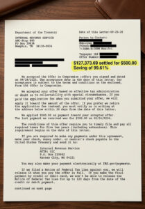 The actual IRS acceptance letter. Personal details redacted. 