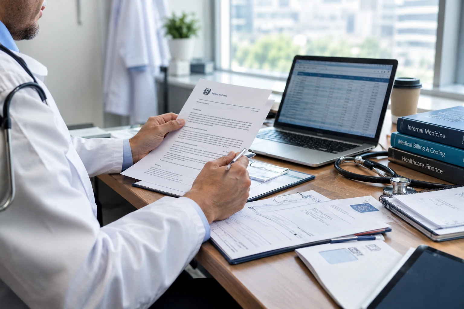 Medical professional reviewing financial documents and tax paperwork at a clinic desk beside a laptop and stethoscope