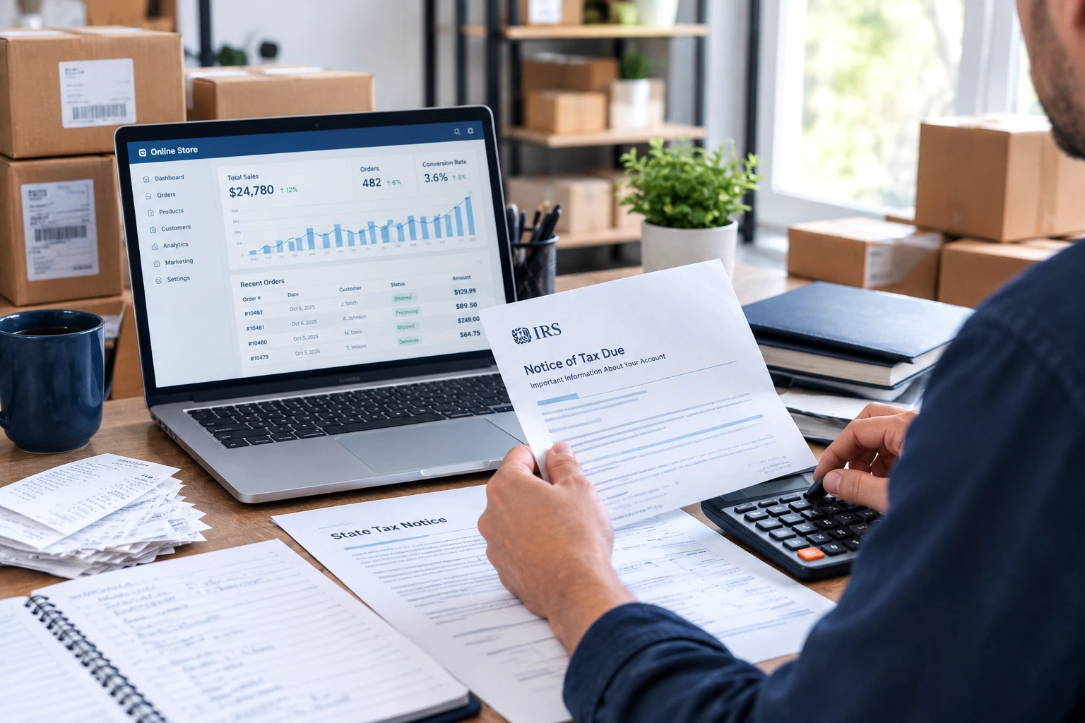 eCommerce business owner reviewing online sales reports and IRS and state tax notices beside shipping boxes