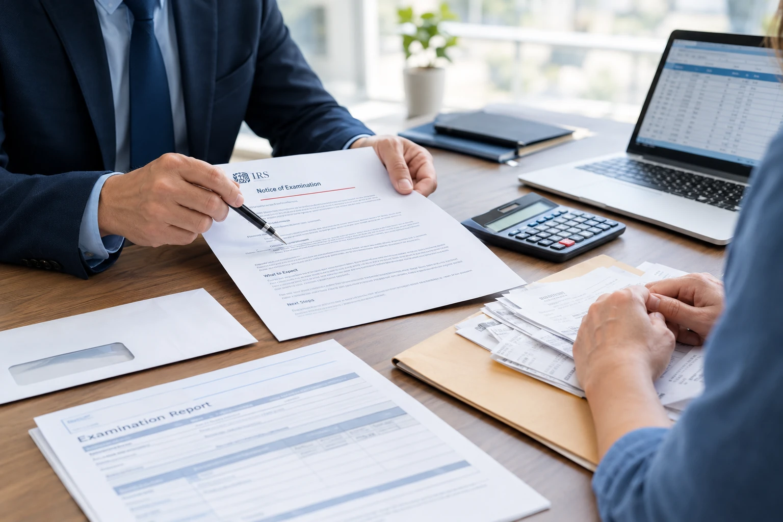 Republic Tax Relief professional reviewing an IRS audit examination letter with a small business owner at a desk
