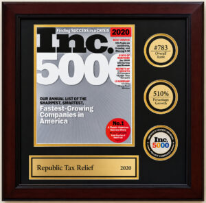 Republic Tax Relief was recognized on the 2020 Inc. 5000 list of America’s fastest-growing private companies, ranking #783 overall with 510% growth. This recognition highlights the company’s growth and continued commitment to helping individuals and businesses address IRS and state tax matters.