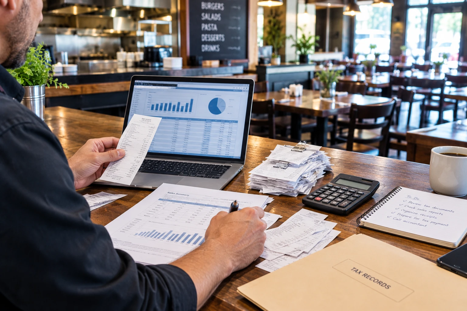 Restaurant owner reviewing sales reports, receipts, and tax records while managing restaurant tax debt