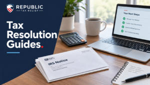 A calm, professional workspace with an IRS notice, a calculator, and an open laptop showing a checklist, with Republic Tax Relief branding.