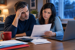 Worried couple at a kitchen table reviewing an IRS balance-due letter and bills while looking for tax debt help.