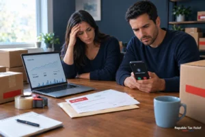 Worried online seller couple at a kitchen table with shipping boxes, a laptop showing store sales, an IRS envelope, and a phone showing an unknown caller.