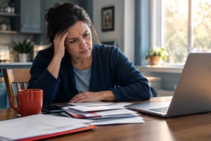 A person at their kitchen table looking stressed while reviewing mail and financial paperwork about tax debt