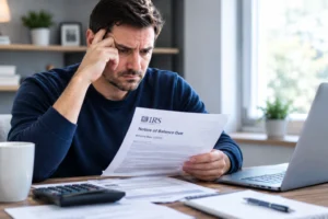 Man looking concerned while reviewing an IRS balance-due notice, tax documents, and a calculator at his desk.